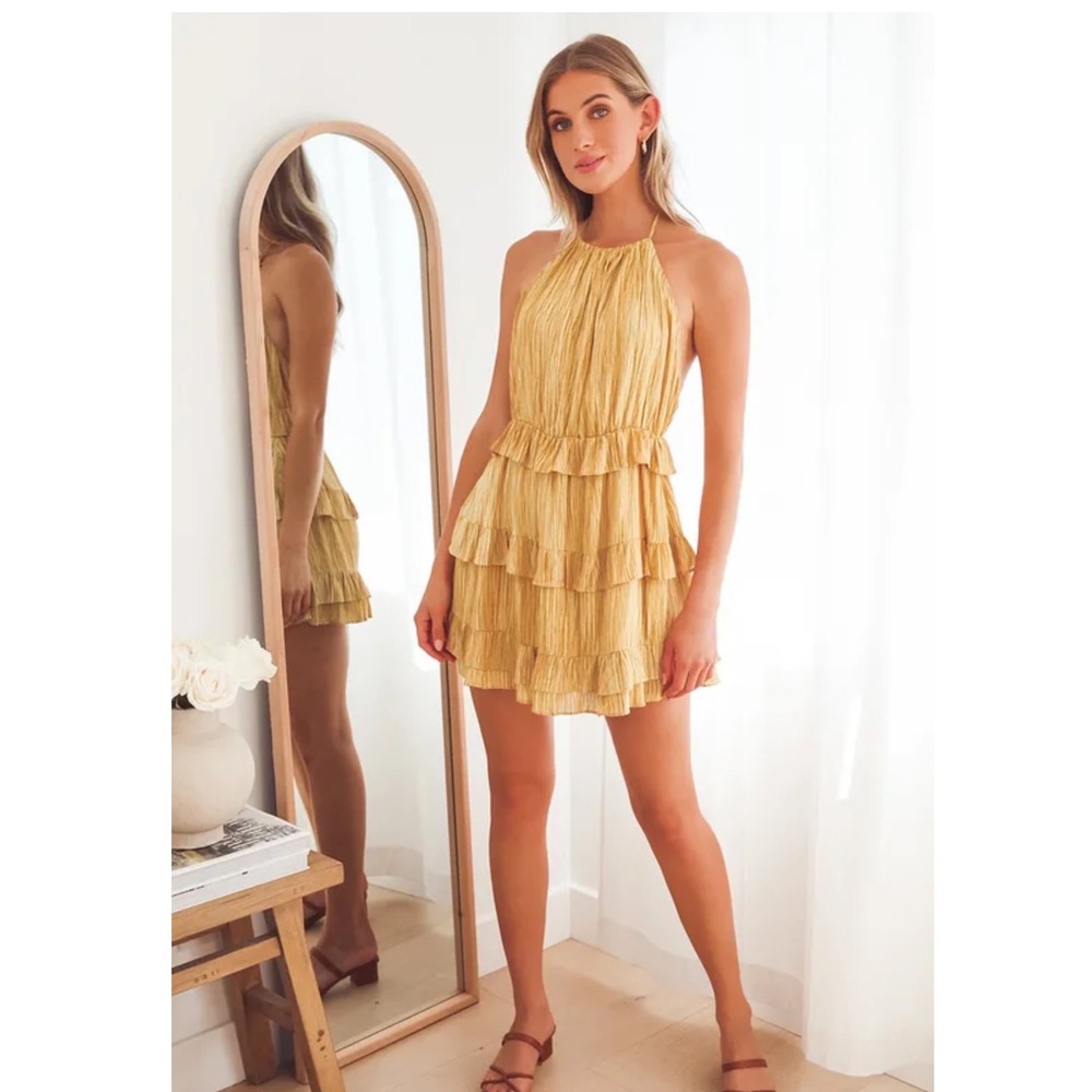 Lulus Halter Backless Mini Ruffle Dress Yellow Mustard Stripe Womens‎ Sz M
